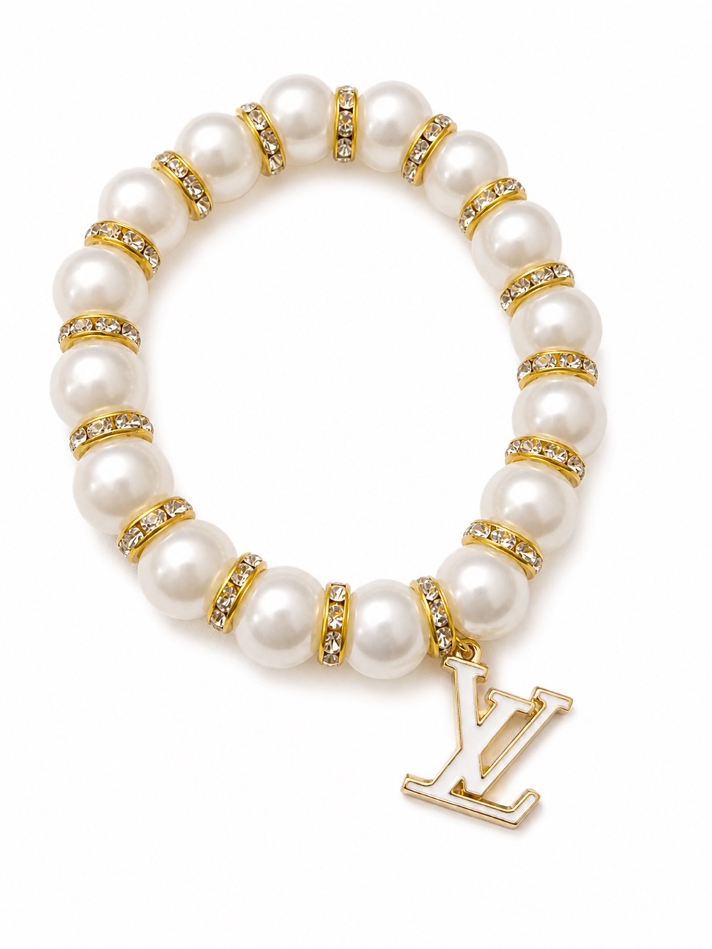 Handmade LV Pearl Bead Bracelet with Gold LV Charm